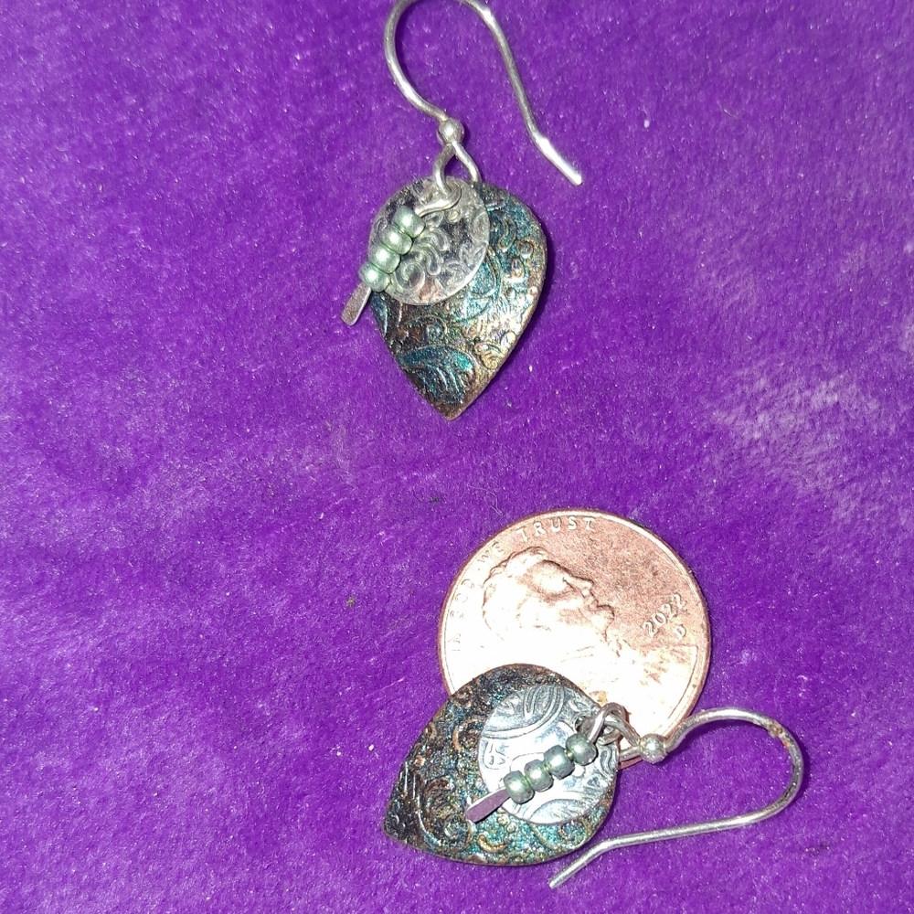 Handcrafted Patina Teardrop Earrings with Green Accent Beads